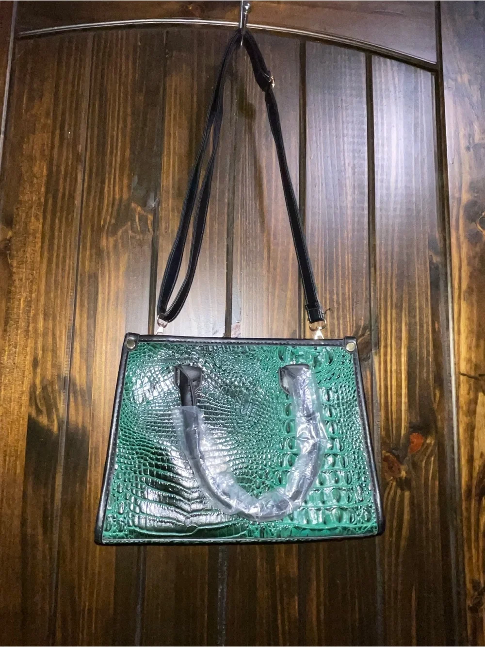 SHEIN Green Croc-Embossed Satchel with Black Trim